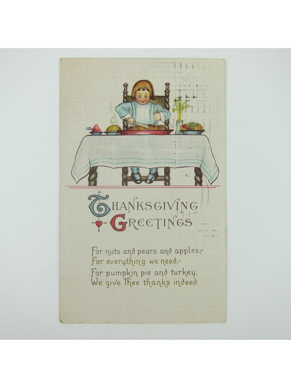 Thanksgiving Postcard Boy Eating Turkey Dinner at Table Antique 1915